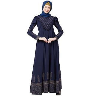 Designer printed Umbrella abaya with handwork- Navy Blue